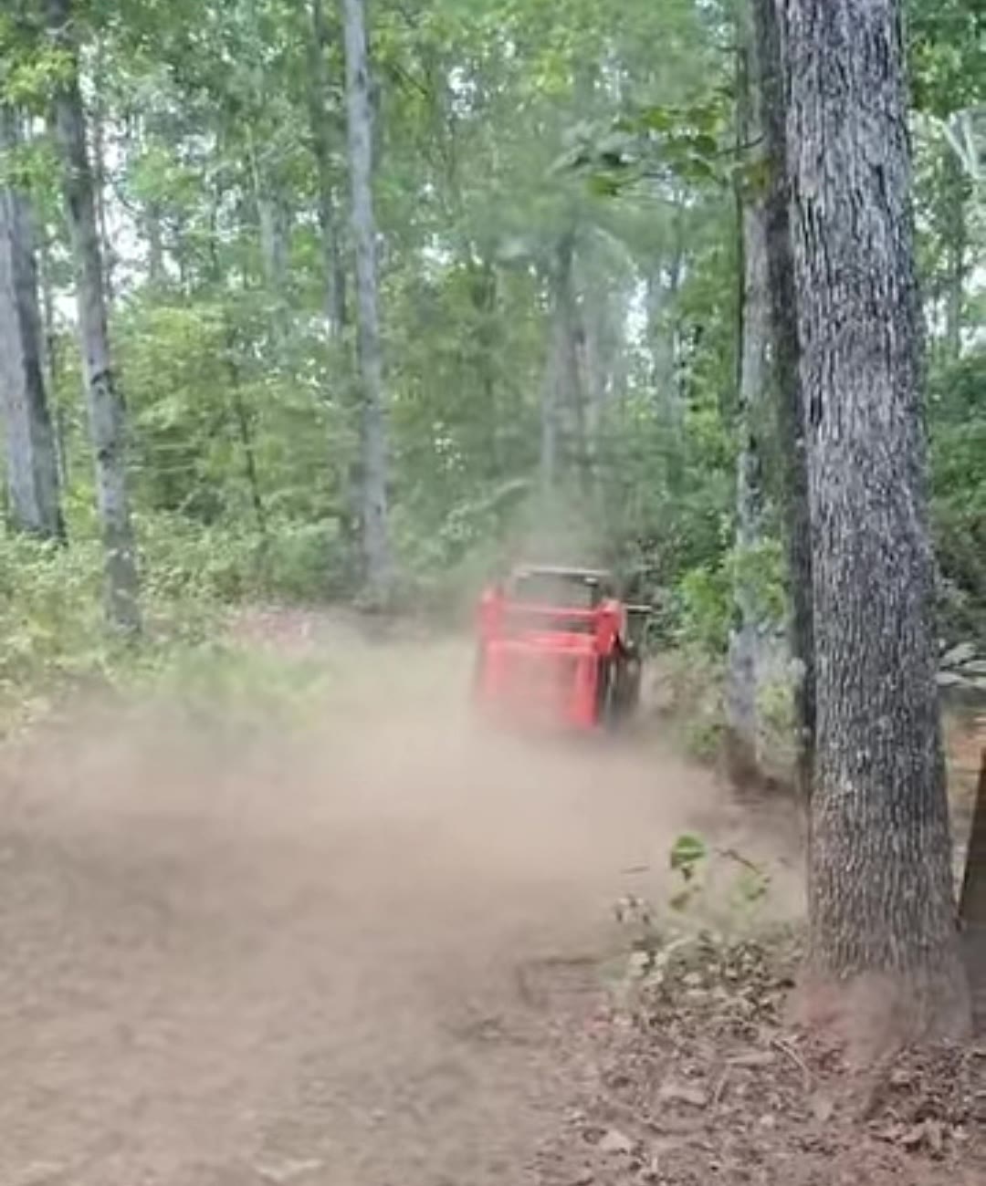 Orange machine kicking up dust while cutting brush on a woods trail